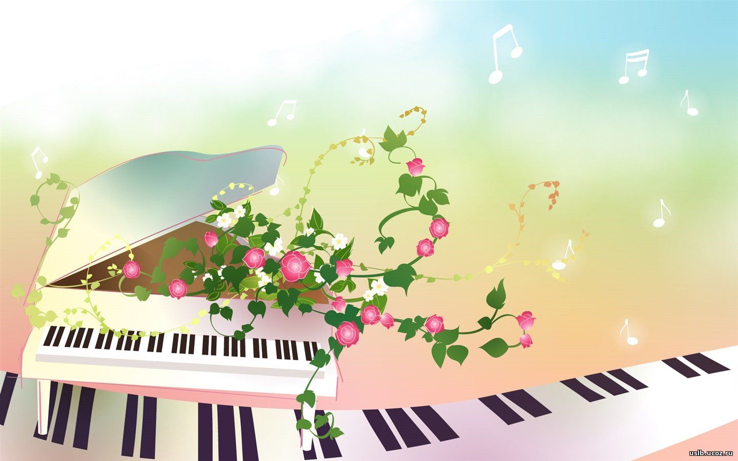 На заставке на переднем фоне изображена лента из клавиш рояля. За ней изображен рояль, из открытой крышки которого растут цветы